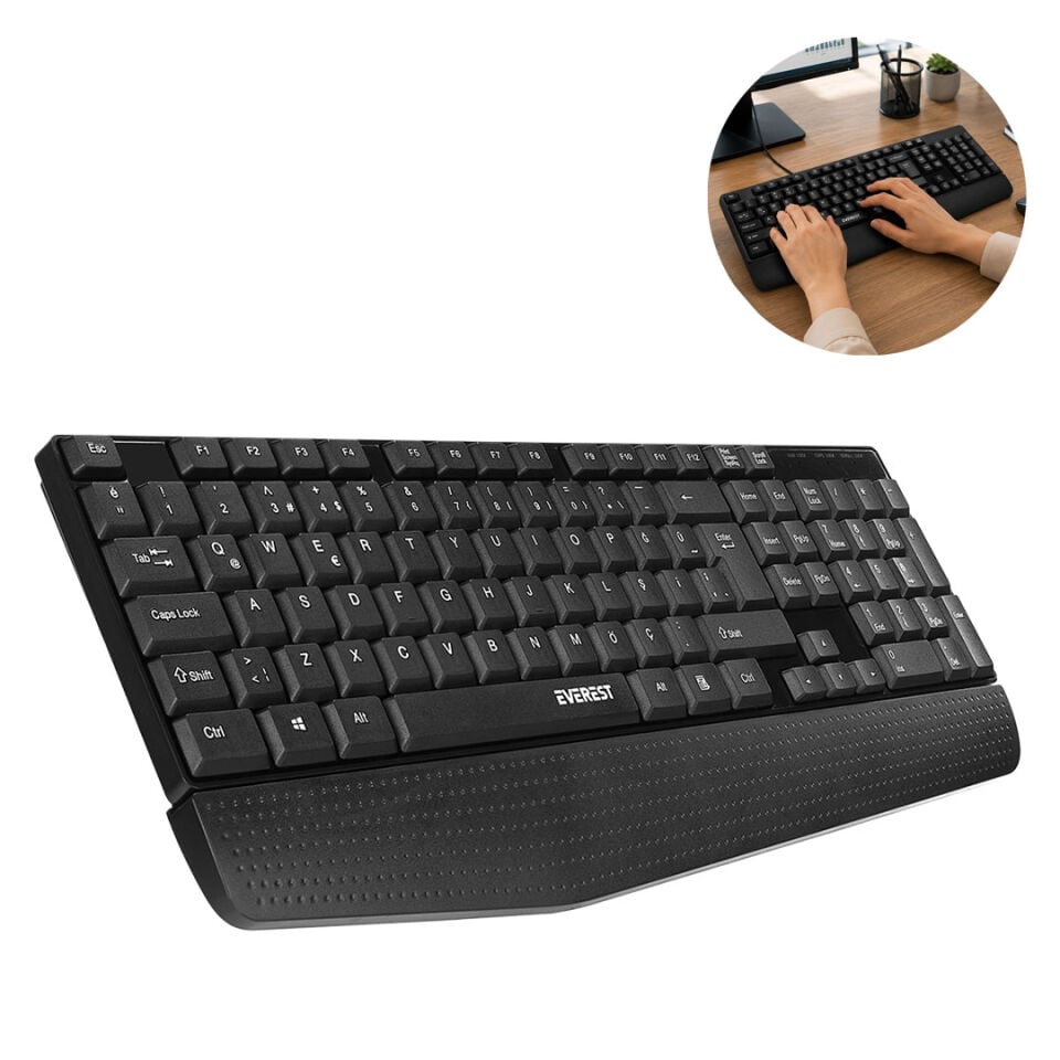 EVEREST KB-951U SİYAH USB BİLEK DESTEKLİ Q STANDART OFİS KLAVYESİ