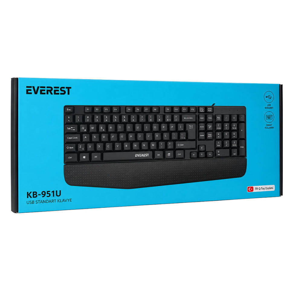 EVEREST KB-951U SİYAH USB BİLEK DESTEKLİ Q STANDART OFİS KLAVYESİ